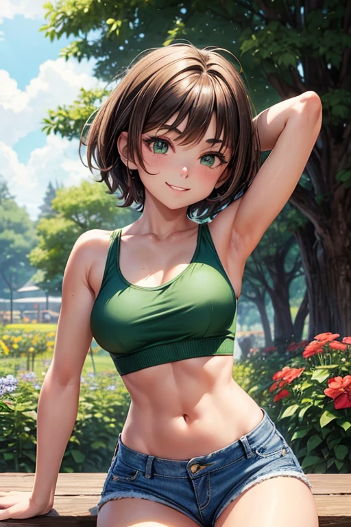 an asian woman with nice tits laying on her knees getting fucked, 1girl, masterpiece,best quality,ultra-detailed,unity 8k wallpaper,high resolution,perfect anatomy,novel illustration,full color,(1girl,18 years old,dark green very short hair,dark green eyes,athlete,marathon runner,tan,sunburn,sky blue tank top,hot pants,laugh) drives (SUZUKI Jimny:1.2) in mountain path, nipples, solo, breasts, realistic, nude, navel