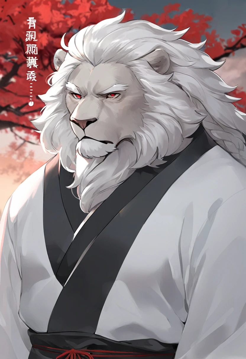White lion,personification,Mature male,Strong Man,White hair,Cold expression,Red pupil,Gray eyebrows,Braids,Black Hanfu,Stand in the distance。