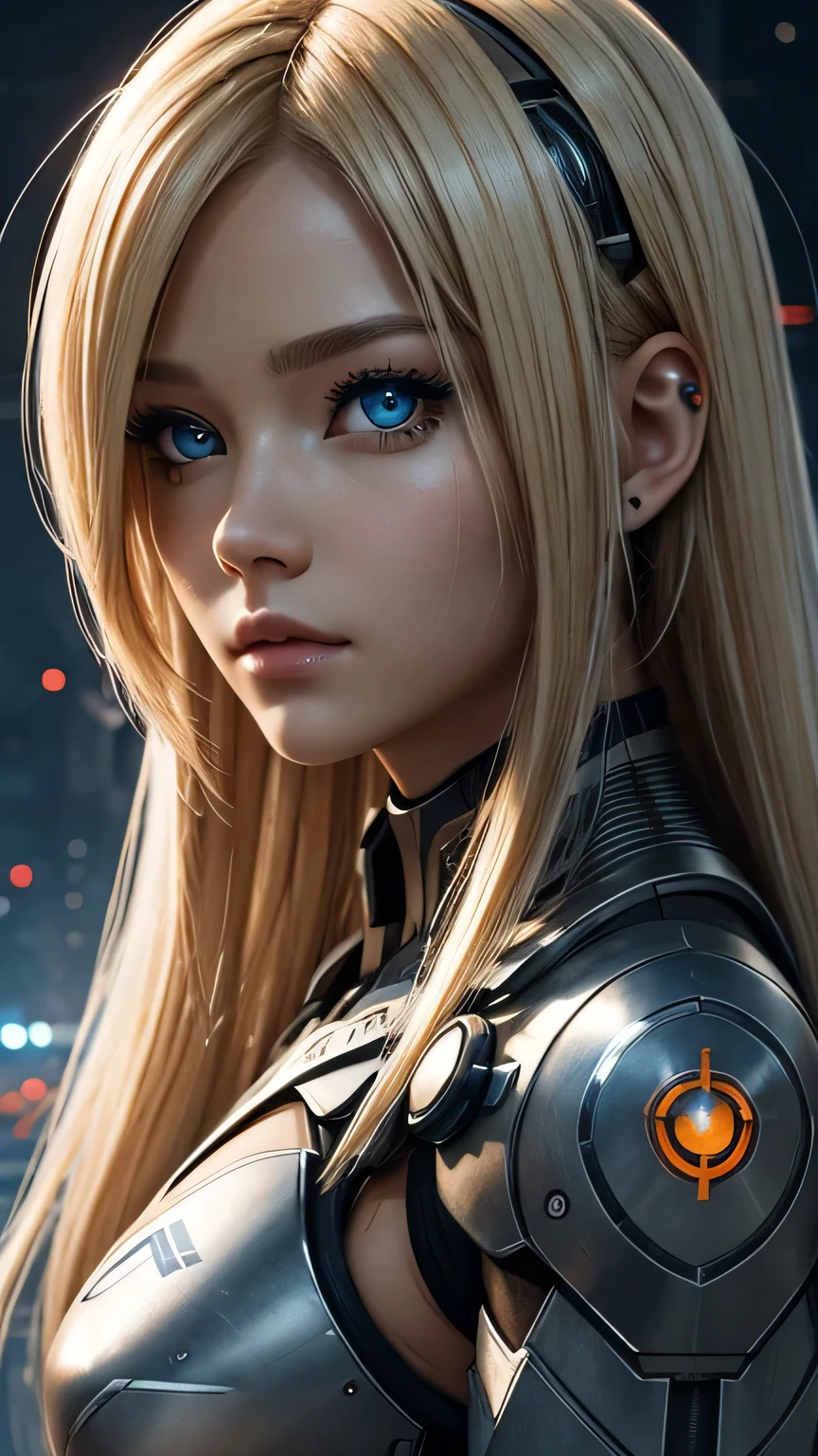cyborg girl, beautiful eyes, battle field background, light blonde hair, masterpiece, ultra high details