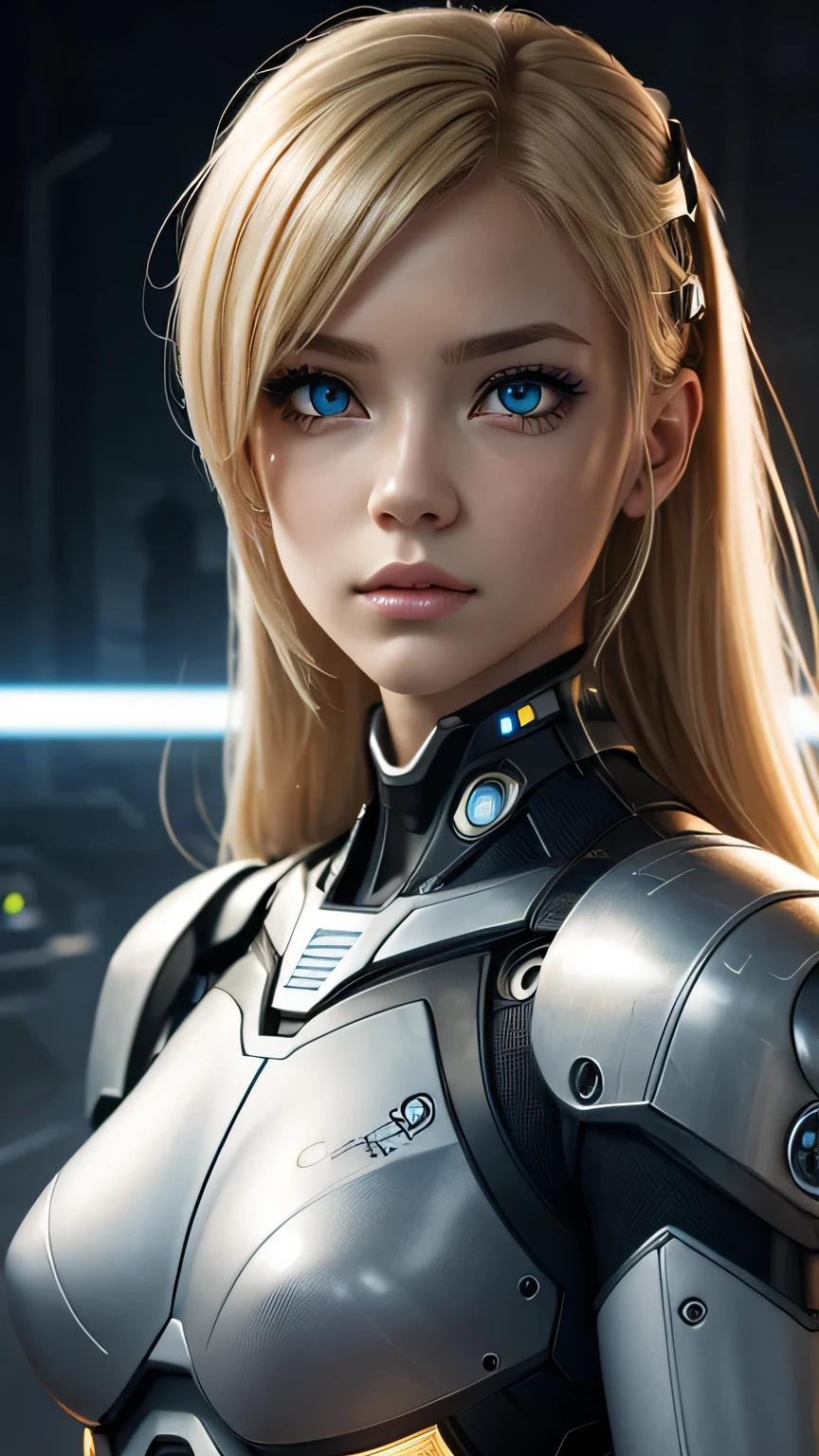cyborg girl, beautiful eyes, battle field background, light blonde hair, masterpiece, ultra high details