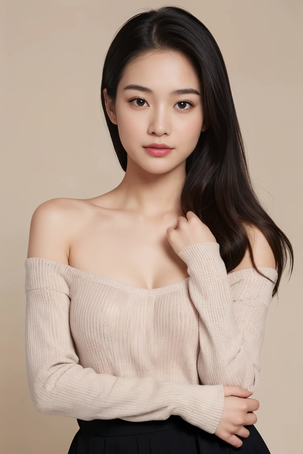 (colored picture), Photo realistic of beautiful asian、slender abs, (Highlight Haircutreast A Cup:1.2), small breast, round shape breast, perfect shape breast,(( )), She should have a serene expression, with large, expressive eyes and rosy lips. The woman is wearing an elegant  pink, off-the-shoulder sweater, with a hint of a (((black strap visible))), set against a soft, neutral background that emphasizes her gentle and stylish appearance