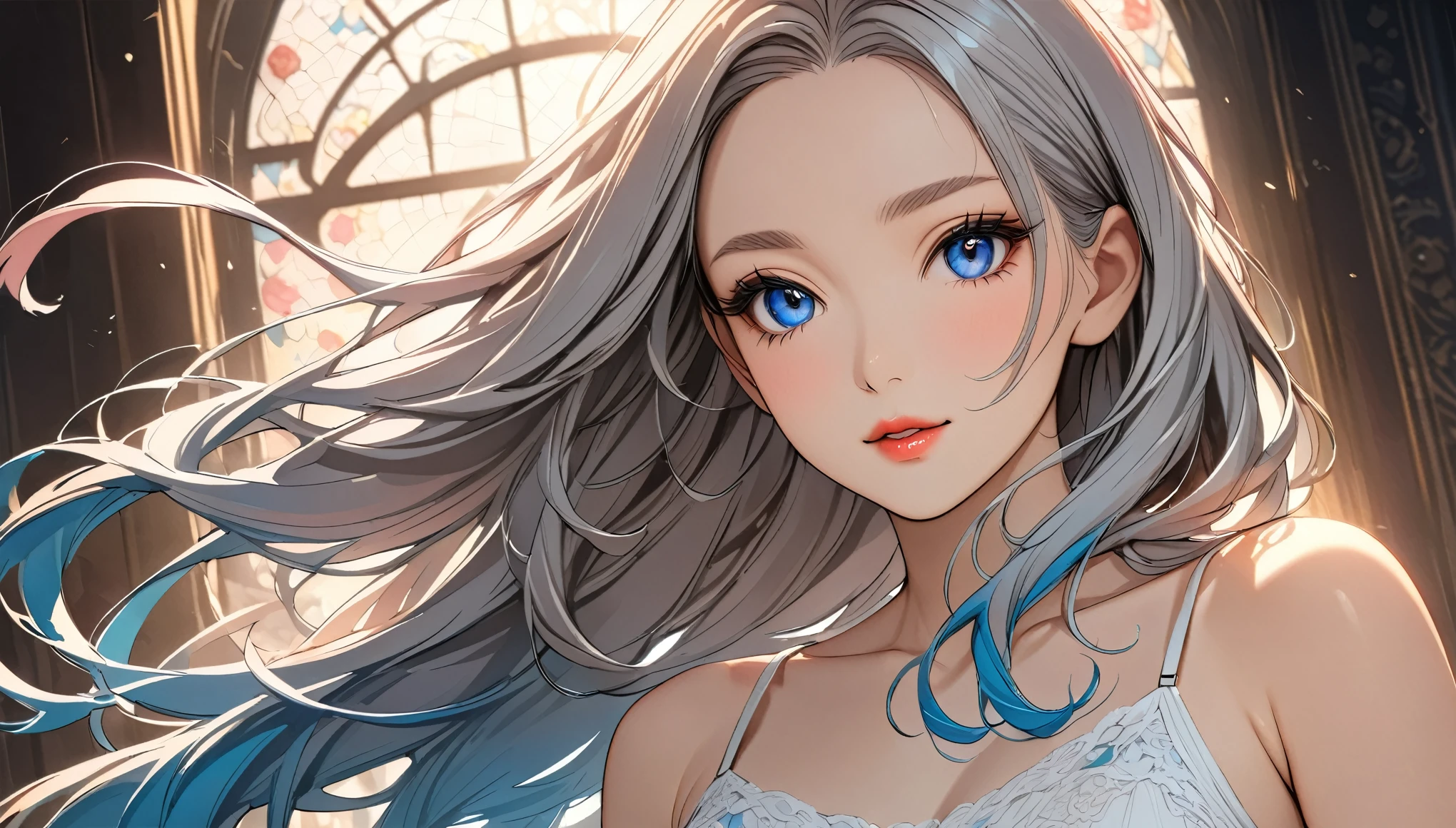 elegant young woman with long silver hair and vibrant blue eyes, wearing a short white camisole and cropped shirt, detailed face and body, beautiful detailed eyes, beautiful detailed lips, extremely detailed eyes and face, long eyelashes, illustration, anime style, highly detailed, 8K, photorealistic, masterpiece, vivid colors, soft lighting, delicate skin, flowing hair, detailed fabric textures, intricate details, dynamic pose