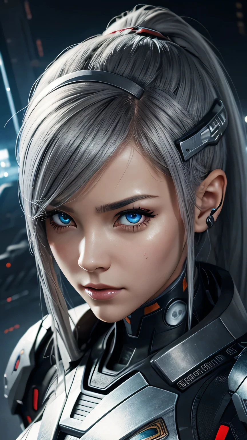 cyborg girl, beautiful eyes, battle field background, grey hair, masterpiece, ultra high details