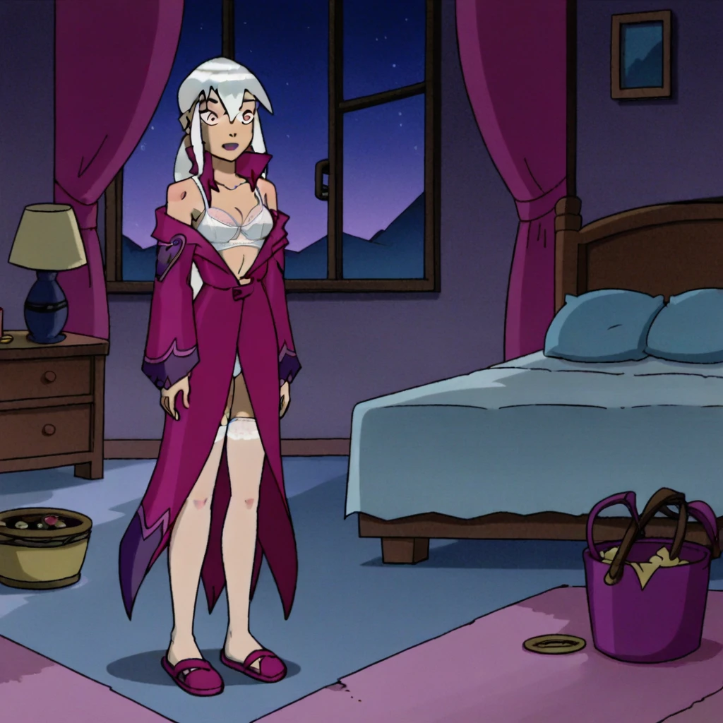 score_9,  charmcaster, ben 10, bedroom, night, standing, white hair, purple eyes, pink and white lingerie, pink slippers, no coat, see through stockings, bare arms, bare shoulders