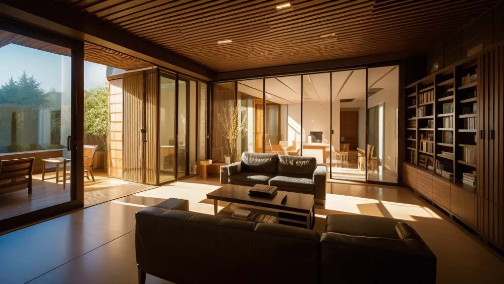 Le sexy Zen at night, a modern living room with fireplace, bookshelves, couches and large windows, in the style of vray tracing, organic and naturalistic compositions, cabincore, japanese-inspired, subtle luminosity, glazed surfaces, meticulous design. This image has 2K resolution.