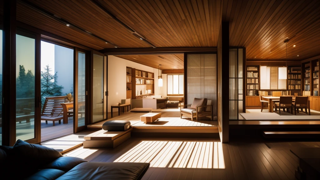 Le sexy Zen at night, a modern living room with fireplace, bookshelves, couches and large windows, in the style of vray tracing, organic and naturalistic compositions, cabincore, japanese-inspired, subtle luminosity, glazed surfaces, meticulous design. This image has 2K resolution.