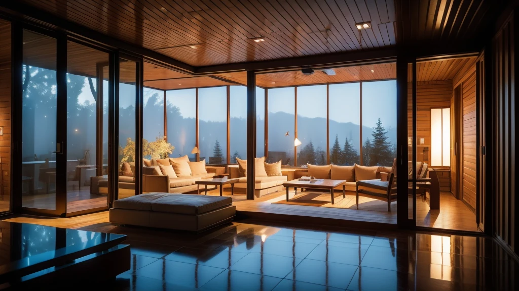 Le sexy Zen at night, a modern living room with fireplace, bookshelves, couches and large windows, in the style of vray tracing, organic and naturalistic compositions, cabincore, japanese-inspired, subtle luminosity, glazed surfaces, meticulous design. This image has 2K resolution.