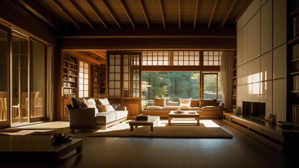 Le sexy Zen at night, a modern living room with fireplace, bookshelves, couches and large windows, in the style of vray tracing, organic and naturalistic compositions, cabincore, japanese-inspired, subtle luminosity, glazed surfaces, meticulous design. This image has 2K resolution.