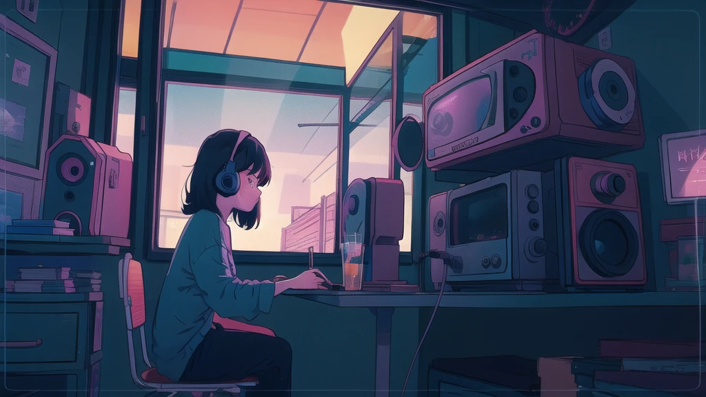 Pretty Anime Girl Lofi Alone, sitting at a table with headphones, sunset, , a book, Lofi Girl, Art Lofi, Null Art Style, Lofi Sensation, portrait of lofi, Lofi Colors, null, lo-fi art, Lofi Vibes , Lofi atmosphere, Lofi hip hop, Satoshi Could Have an Art Style, Lofi Girl Aesthetics