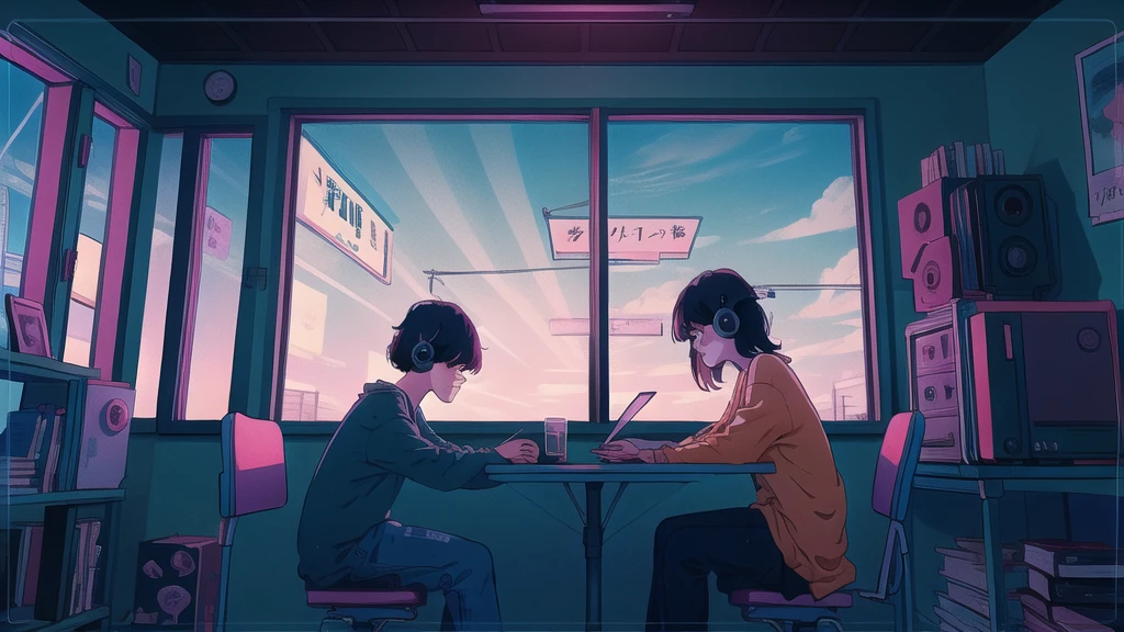Pretty Anime Girl Lofi Alone, sitting at a table with headphones, sunset, , a book, Lofi Girl, Art Lofi, Null Art Style, Lofi Sensation, portrait of lofi, Lofi Colors, null, lo-fi art, Lofi Vibes , Lofi atmosphere, Lofi hip hop, Satoshi Could Have an Art Style, Lofi Girl Aesthetics