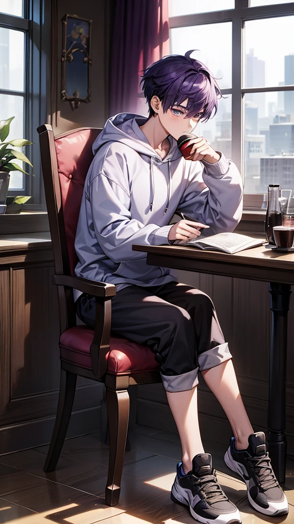 1boy, reading a book, holding a a cup of tea, wearing hoodie, sitting cross your leg, behind you there is a window, wear black sport shoes, purple hair, fullbody, look at you, facing forward, single chair