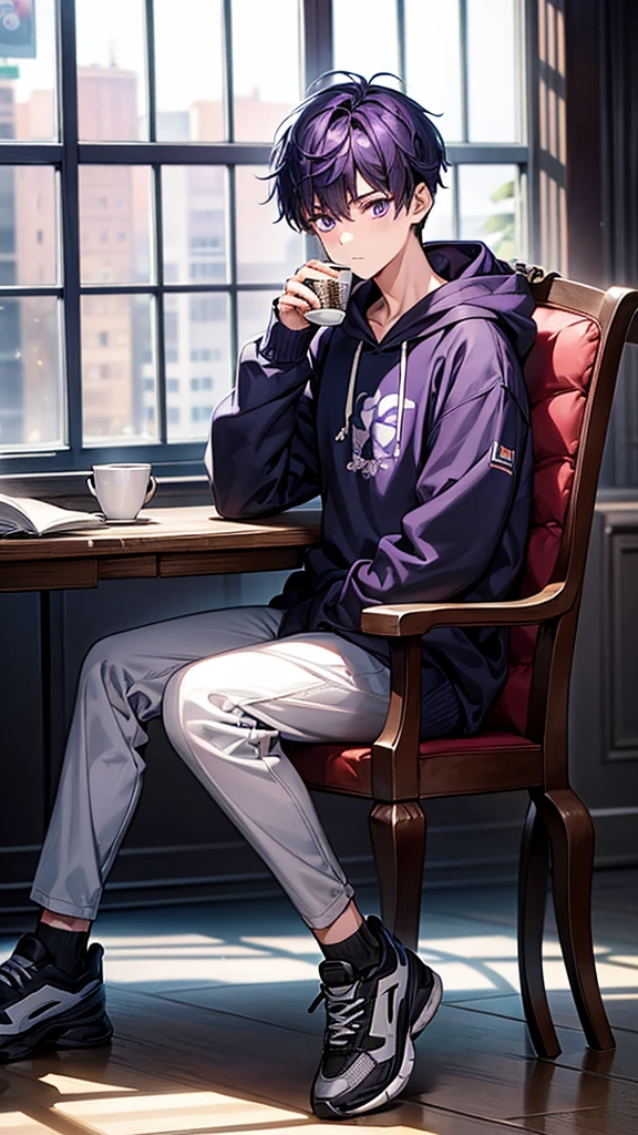 1boy, reading a book, holding a a cup of tea, wearing hoodie, sitting cross your leg, behind you there is a window, wear black sport shoes, purple hair, fullbody, look at you, facing forward, single chair