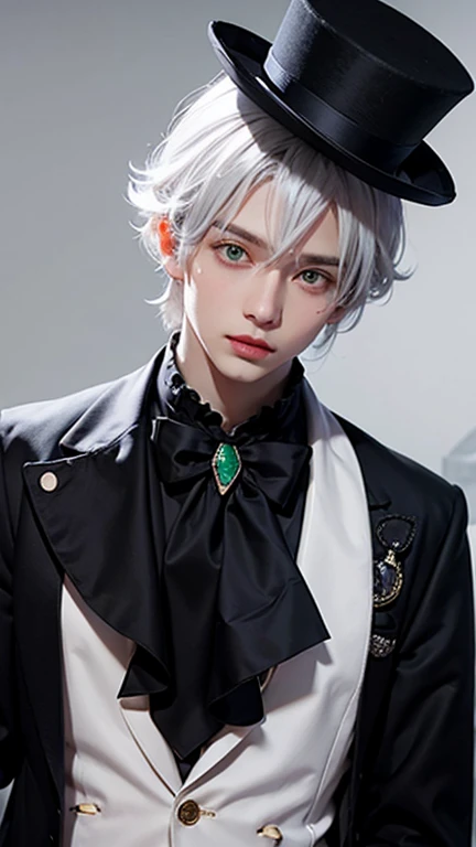 cat boy, cat ear, cat tail, cat eyes, silk hat,
1boy, Emerald green eyes, Silver hair, white hair, streaked hair, gloves, top hat, white gloves, blue headwear, ahoge, black gloves, long sleeves, ascot, jewelry, brooch, black headwear, frills, white hair, streaked hair, gloves, hat, white gloves, blue headwear, ahoge, black gloves, long sleeves, ascot, jewelry, brooch, black headwear, frills, 1boy