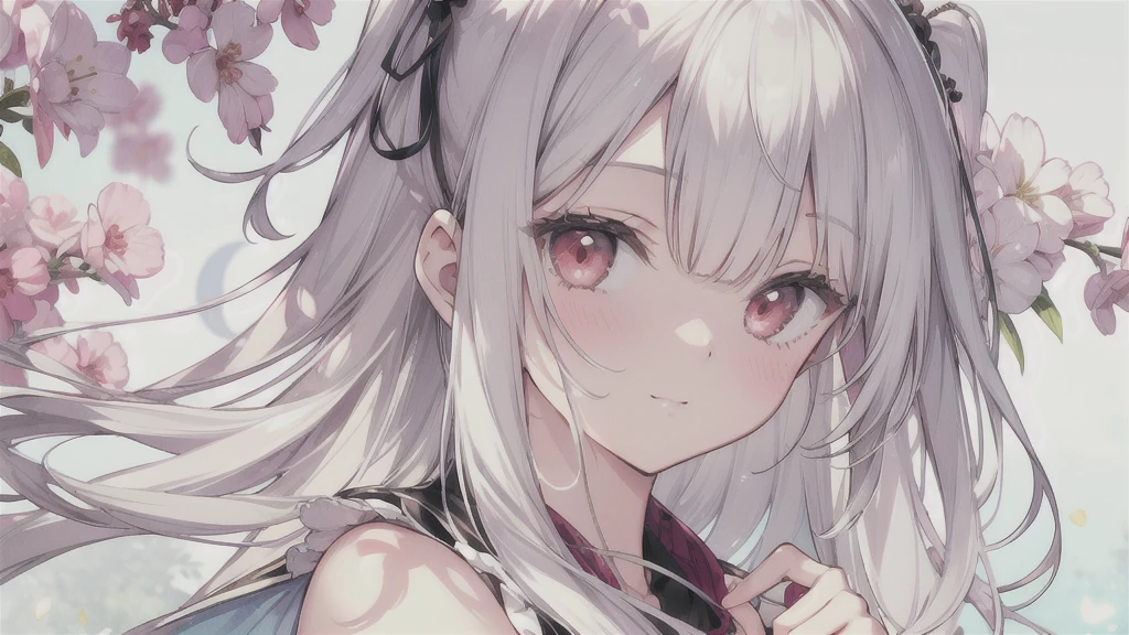 natural lighting, soft smile, slightly shining hair, clear eyes, white hair, red eyes
