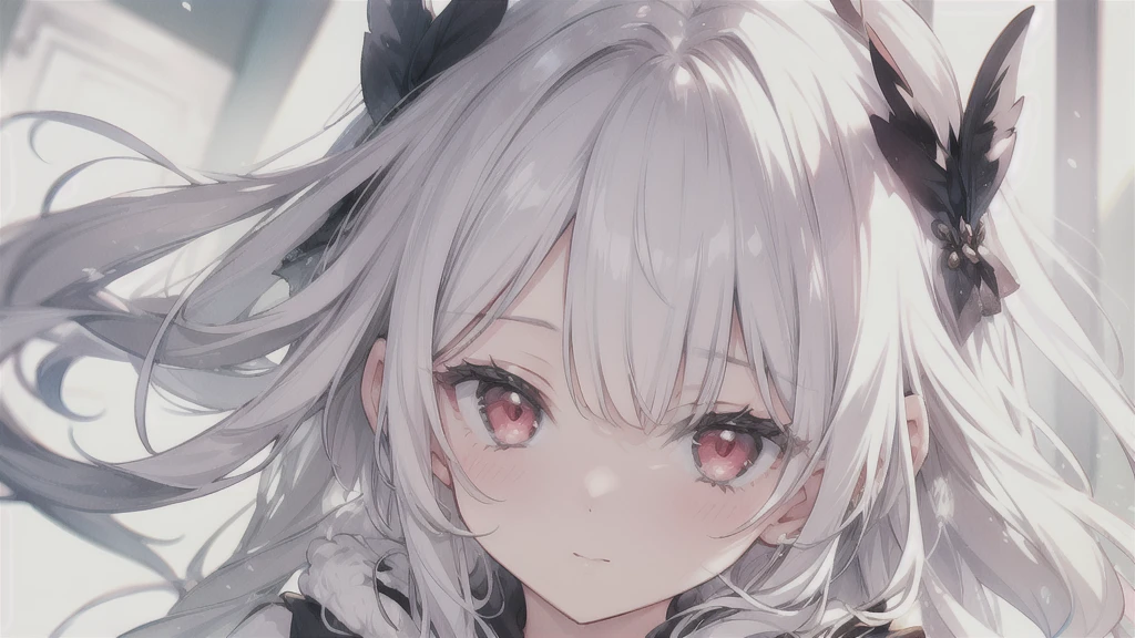 natural lighting, soft smile, slightly shining hair, clear eyes, white hair, red eyes