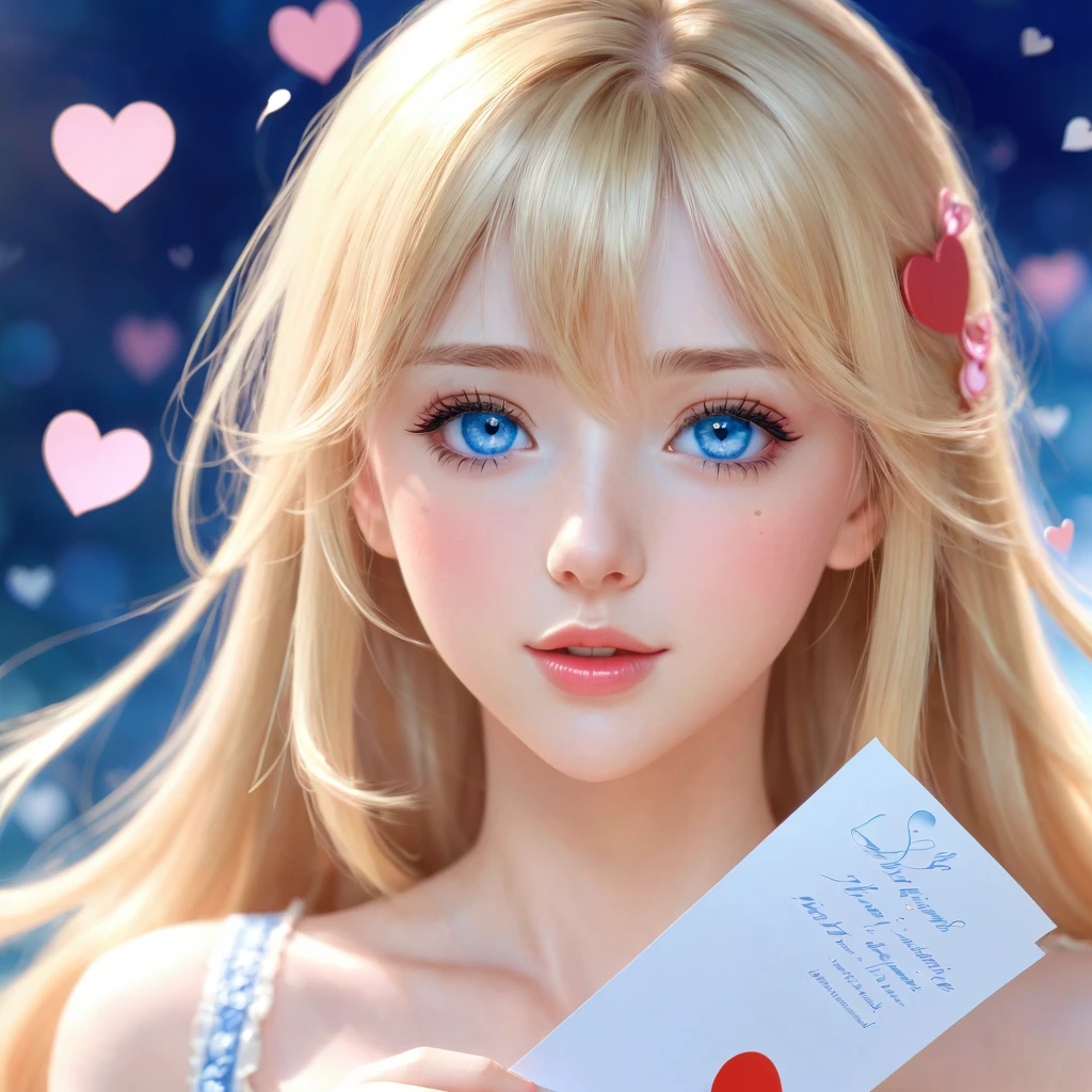 a very pretty girl in love ,Love Letter ,hearts ,blush ,Very detailed face ,pretty blue eyes ,long blonde hair,ultra realistic anime style, HDR, 12 k