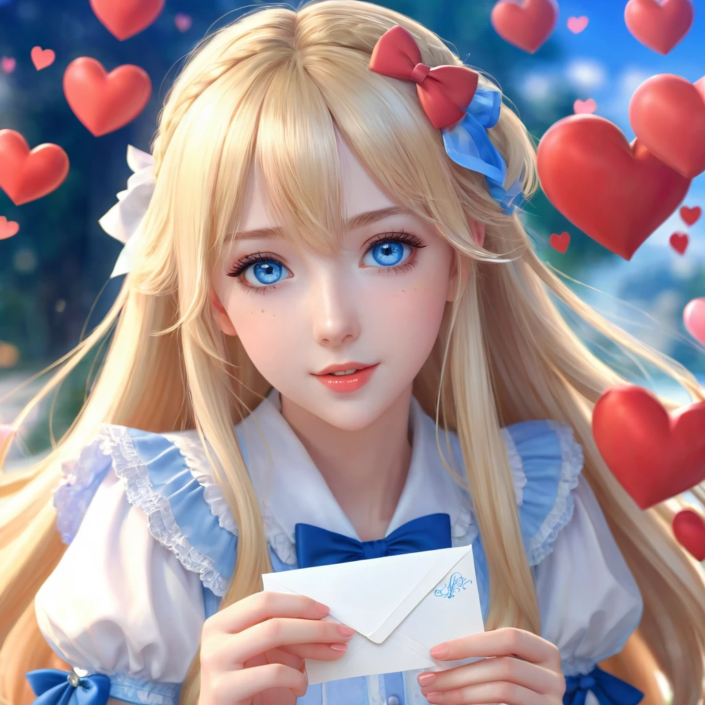 a very pretty girl in love ,Love Letter ,hearts ,blush ,Very detailed face ,pretty blue eyes ,long blonde hair,ultra realistic anime style, HDR, 12 k