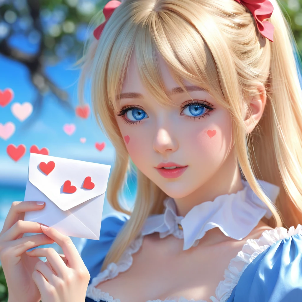 a very pretty girl in love ,Love Letter ,hearts ,blush ,Very detailed face ,pretty blue eyes ,long blonde hair,ultra realistic anime style, HDR, 12 k