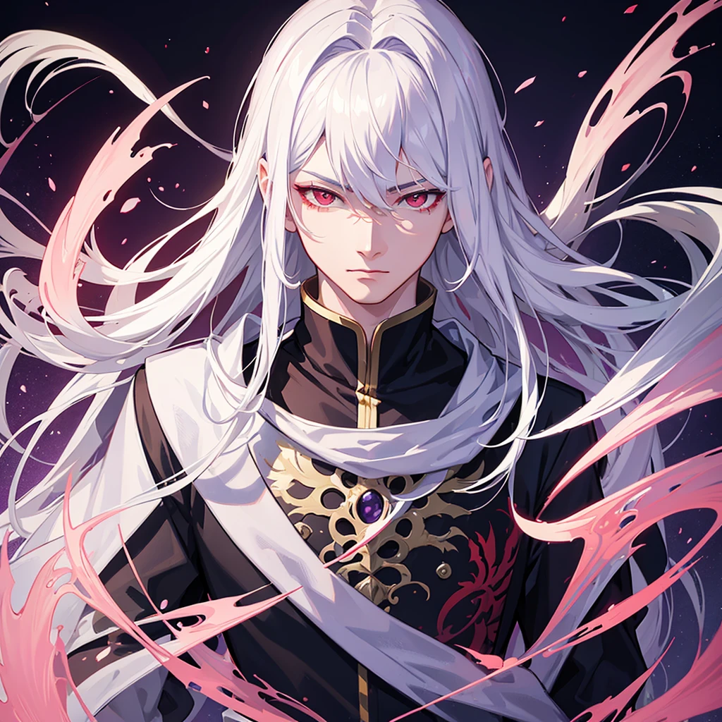 a young man with white hair and red eyes, chinese style outfit, purple aura, detailed facial features, detailed Leviathan clothing, highly detailed, 8k, photorealistic, anime art, cinematic lighting, dramatic lighting, fantasy, 