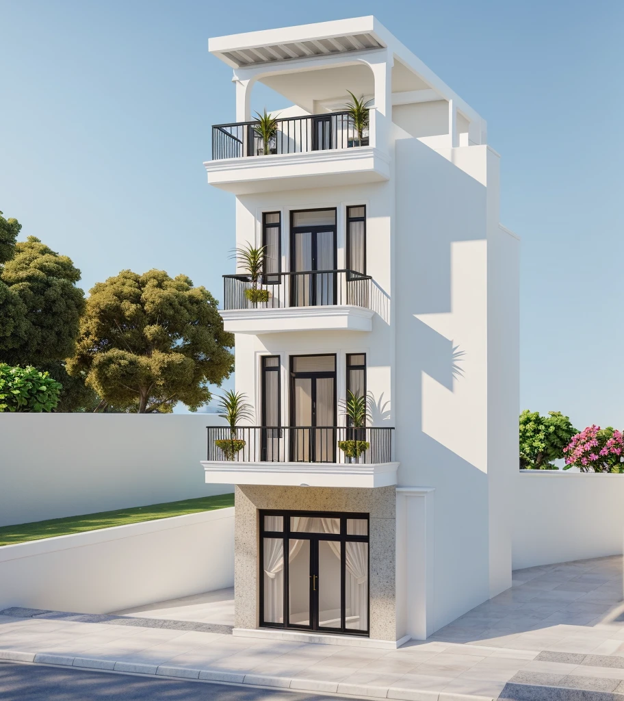 1 neoclassical style townhouse with white walls, black iron railings, black glass doors, black iron flower trellis frame, noon sun, very beautiful shade Masterpiece,best quality,8k uhd,dslr,soft lighting,high quality,hyper detail,film grain,Fujifilm XT3, UE 5 render 8k, super high resolution, supper detail:1.2), Super sharp like photos taken with a professional camera, 1 neoclassical style house, The town house is made from white walls, beautyful light, beautyfulday, sunny, Many red bougainvilleas along the road:1.3, lovely youthful feeling :1.2, sunlight at 12 noon, Very beautiful shadows