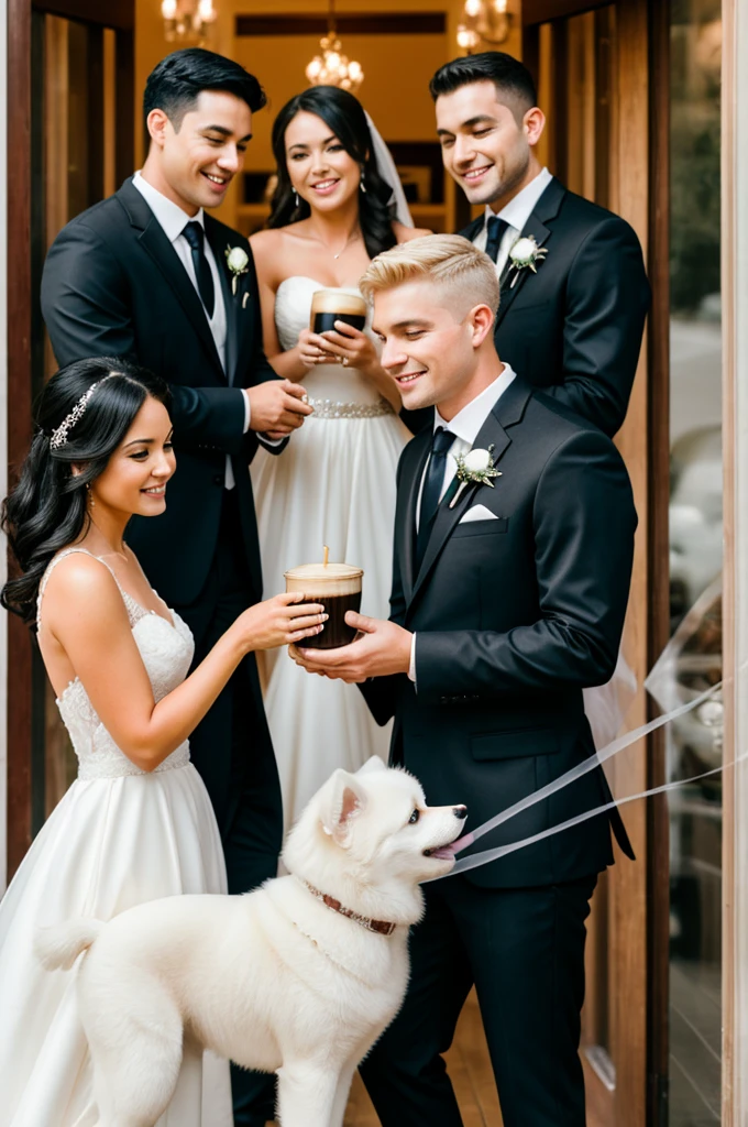 Wedding couple, black hair man and blonde woman with a white Pomeranian puppy with coffee