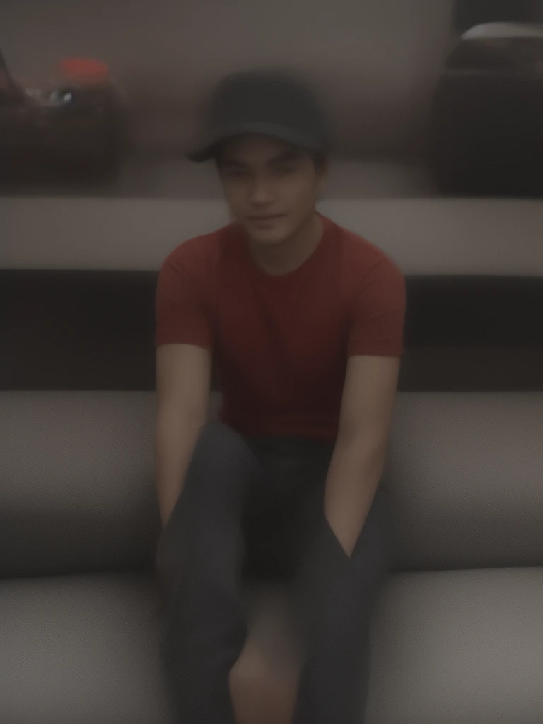 an Indonesian man, wearing a black hat and red t-shirt, wearing jeans, sitting in a car showroom near the main road, showing the background behind several Indonesian cars, a Honda Brio, lemon color and a Pajero Speort, Inova. was sitting smiling, handsome. realistic 3d hd 16k images.