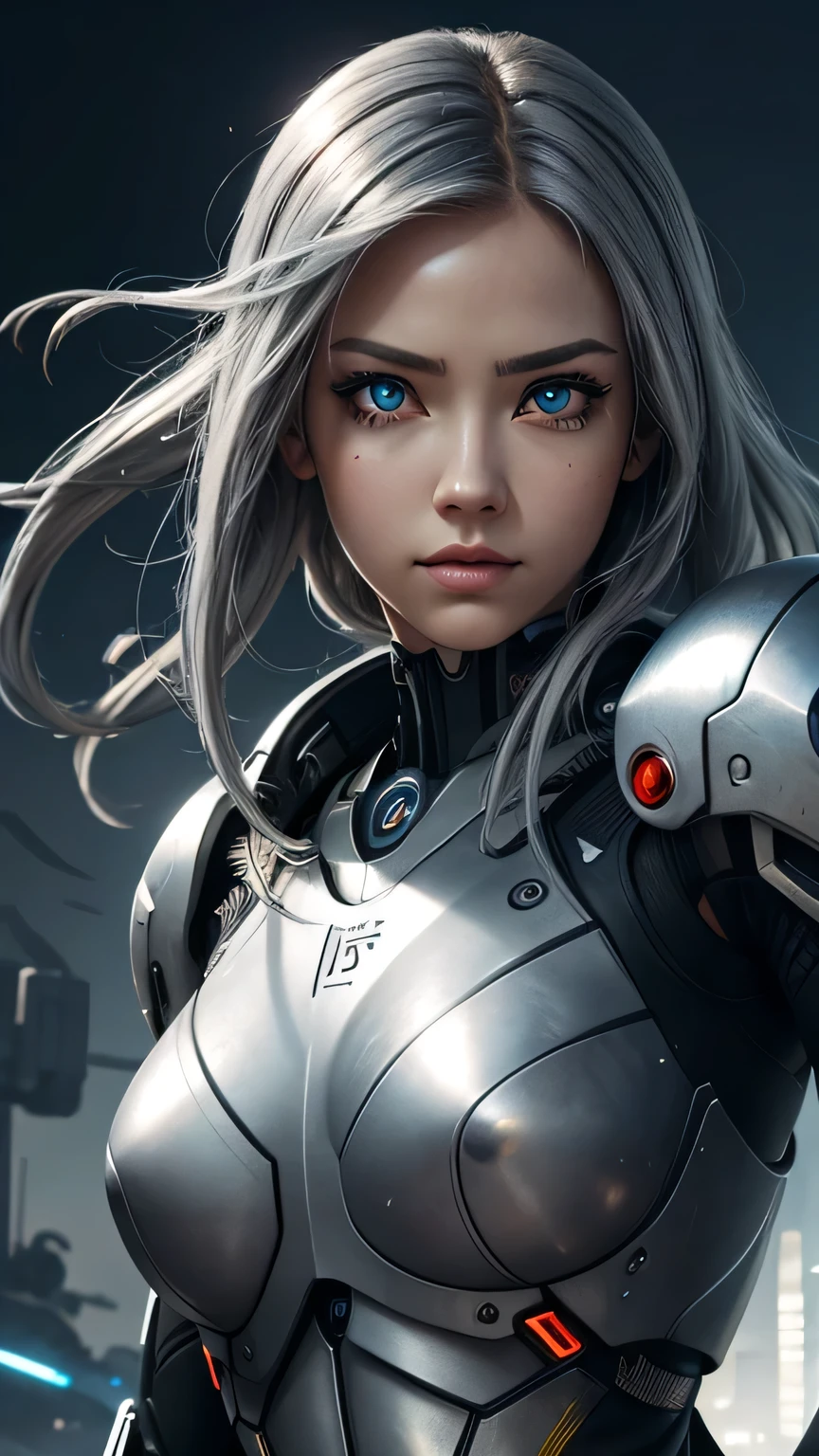cyborg girl, beautiful eyes, battle field background, grey hair, masterpiece, ultra high details