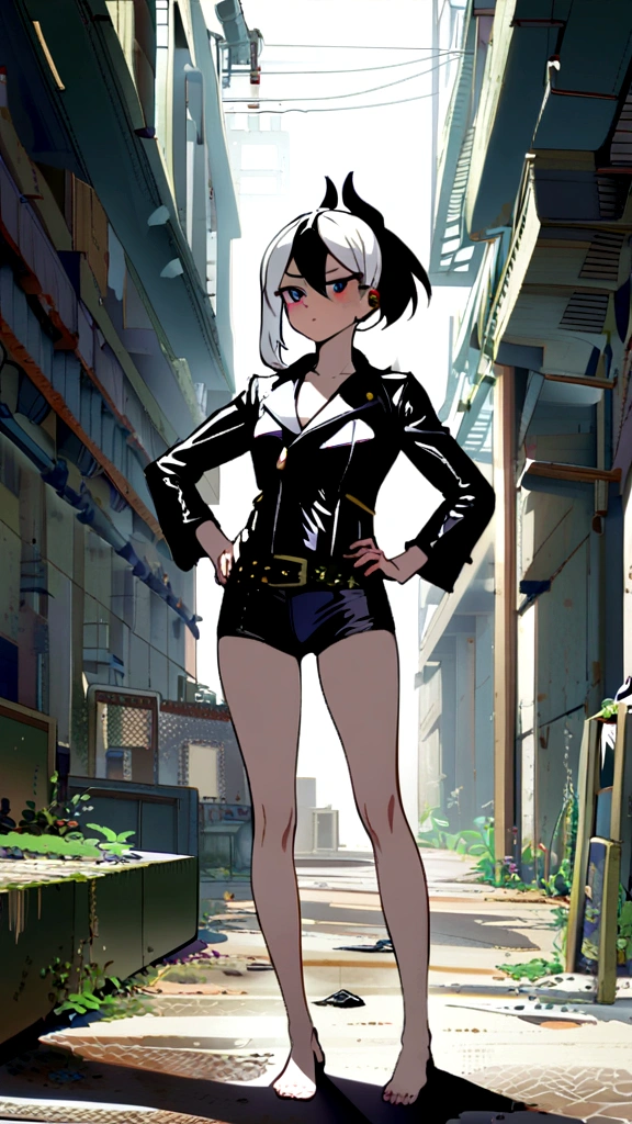 1 woman, Kayoko , black and white short hair , conjunctivitis , sly face , black bikini , leather jacket , abdomen , Long legs , hands on hips , Barefoot , abandoned factory
