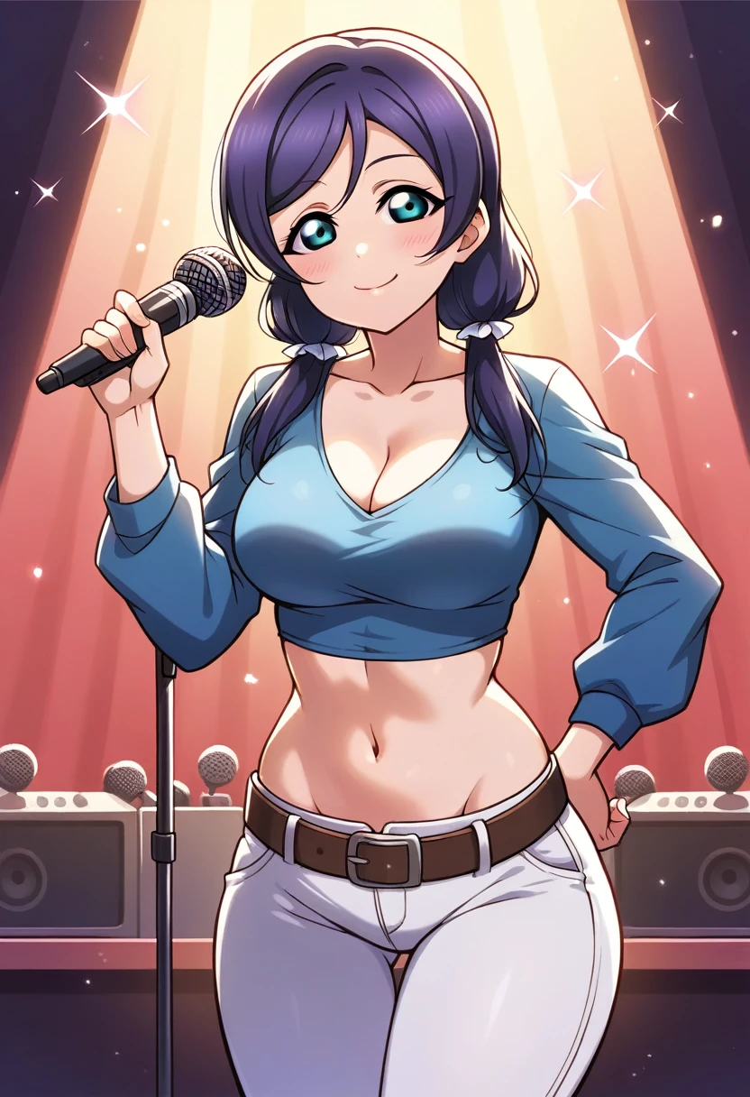 Masterpiece, best quality,Nozomi Tojo Love Live,volumetric lighting, illustration, beautiful, tight , Blushing,breasts, blush, smile, low twintails, large_breasts, shirt, long_sleeves, navel, holding, cleavage, closed_mouth, standing, collarbone, white_shirt, cowboy_shot, midriff, belt, pants, crop_top, hand_on_hip, sparkle, makeup, microphone, wide_hips, contrapposto, white_pants, music, holding_microphone, narrow_waist, cropped_shirt