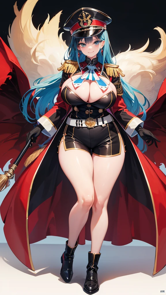 masterpiece, Highest quality, In detail, High resolution, Very delicate and beautiful,alone,Posing,Aggressive,Large Breasts,thick thighs black army uniform, Epaulettes, army uniform, army, uniform, belt, Shorts,, Earrings, jewelry, gloves, Knee socks, military cap,(Huge breasts), Tight waist, (Huge thighs) ,datch angle,邪悪なsmile, smile, Evil Face, Mischievous face,(Top Gravure Model),(Highest quality,High resolution,masterpiece:1.2),Super detailed,Vibrant colors,View here,Beautiful Woman、Beautiful shiny skin,完璧なBeautiful Woman