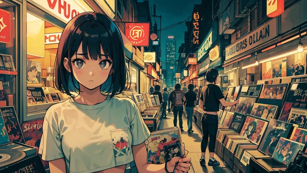 A very detailed beautiful woman, Perfect face,Black Hair, bob cut,Bangs, Gray eyes, Top of crop, Short sleeve, crop top, Super detailed, Retro Wave, Cyberpunk, Sad atmosphere, night light through the window, night vibes, Room, 2d, (long shot), Old comics, (A lot of records:1.3), vinyl plastic record shop, (masterpiece, best quality, best quality, Official Art, beautiful and aesthetic: 1.2), Old anime texture, Solitary, Cyberpunk, vinyl plastic, night