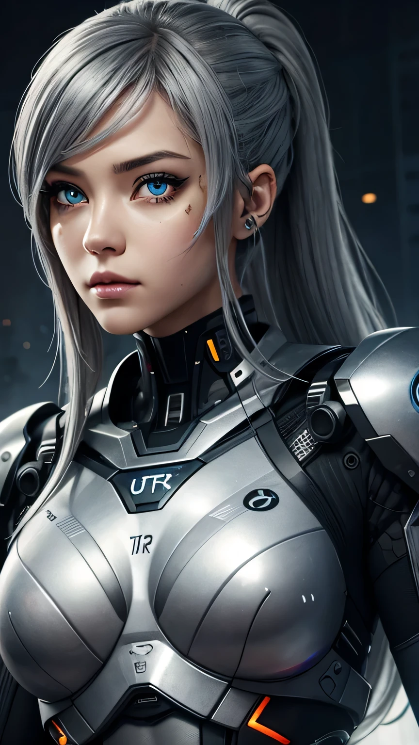 cyborg girl, beautiful eyes, battle field background, grey hair, masterpiece, ultra high details