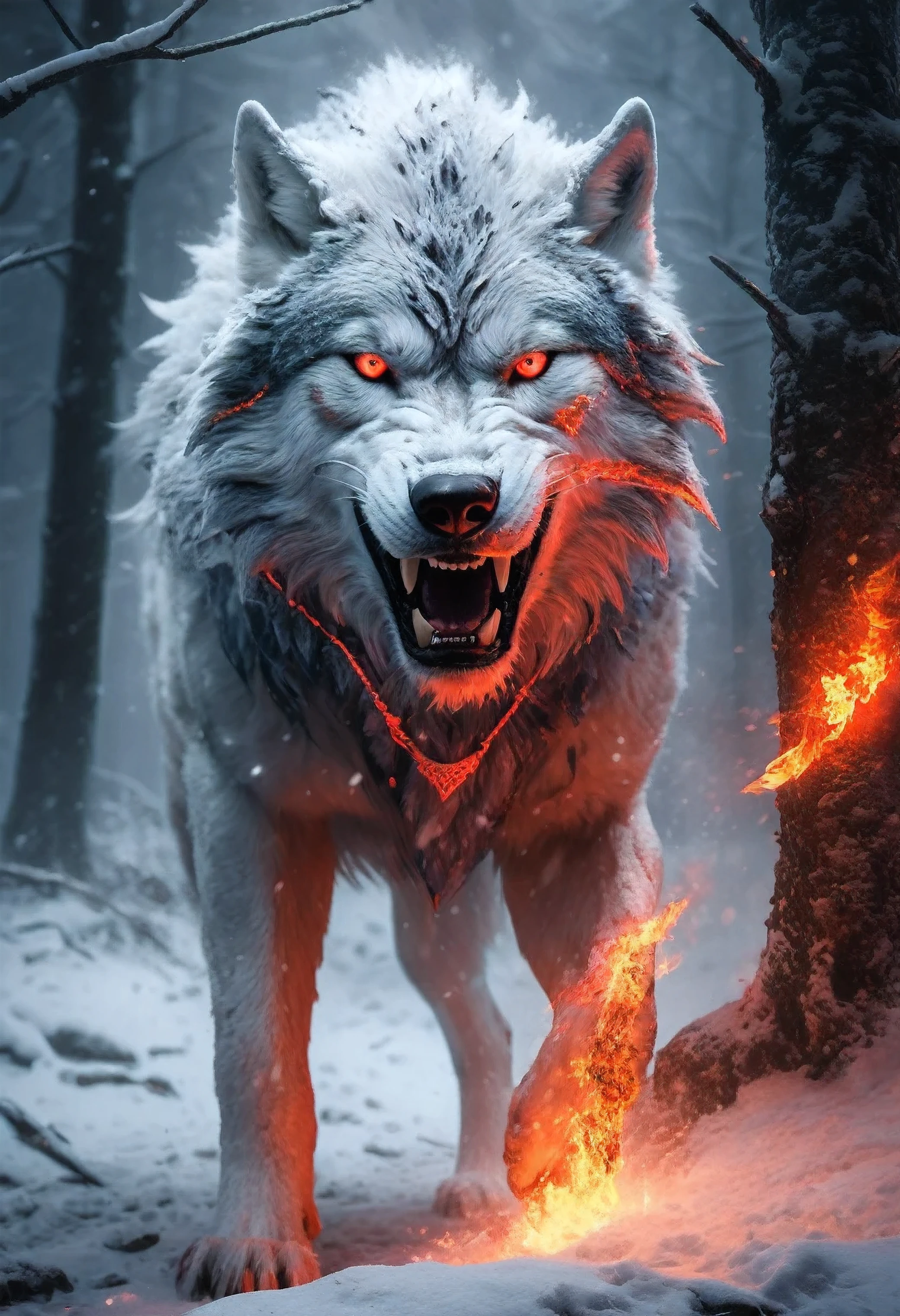(best quality,16k,32k,highres,masterpiece:1.2),ultra-detailed,(realistic,photorealistic,photo-realistic:1.37),the ultimate Orochi snow warwolf,glowing red eyes,realistic fire,destroyed forest background,alone,serious expression,looking at camera,highly detailed,cinematic lighting,dark moody atmosphere,dramatic