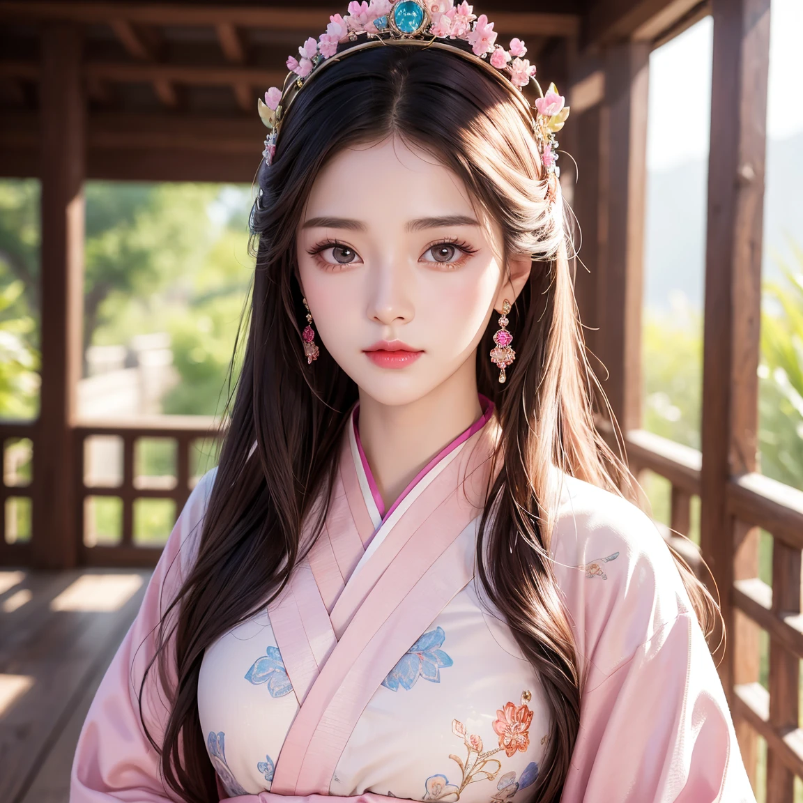 HDR，UHD，8k quality，Pixel details，Very realistic，18 year old girl, very beautiful and elegant.，natural hair，Chinese face，Cute face，face makeup，pink lipstick，Hair and makeup。crown，Dunhuang style（pink hanfu，top of pipe）