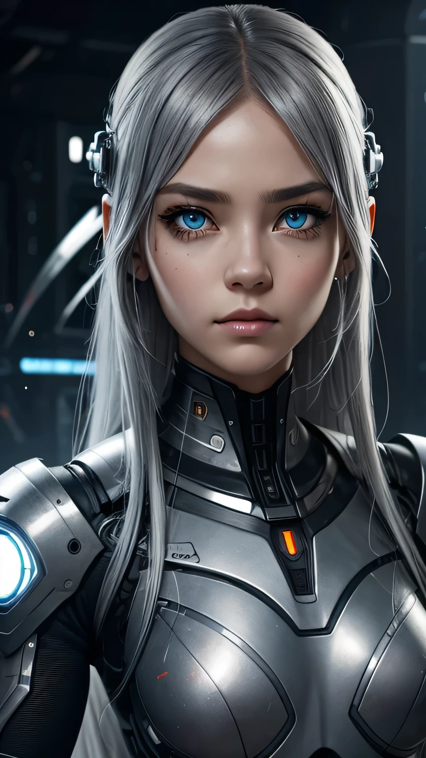 cyborg girl, beautiful eyes, battle field background, grey hair, masterpiece, ultra high details