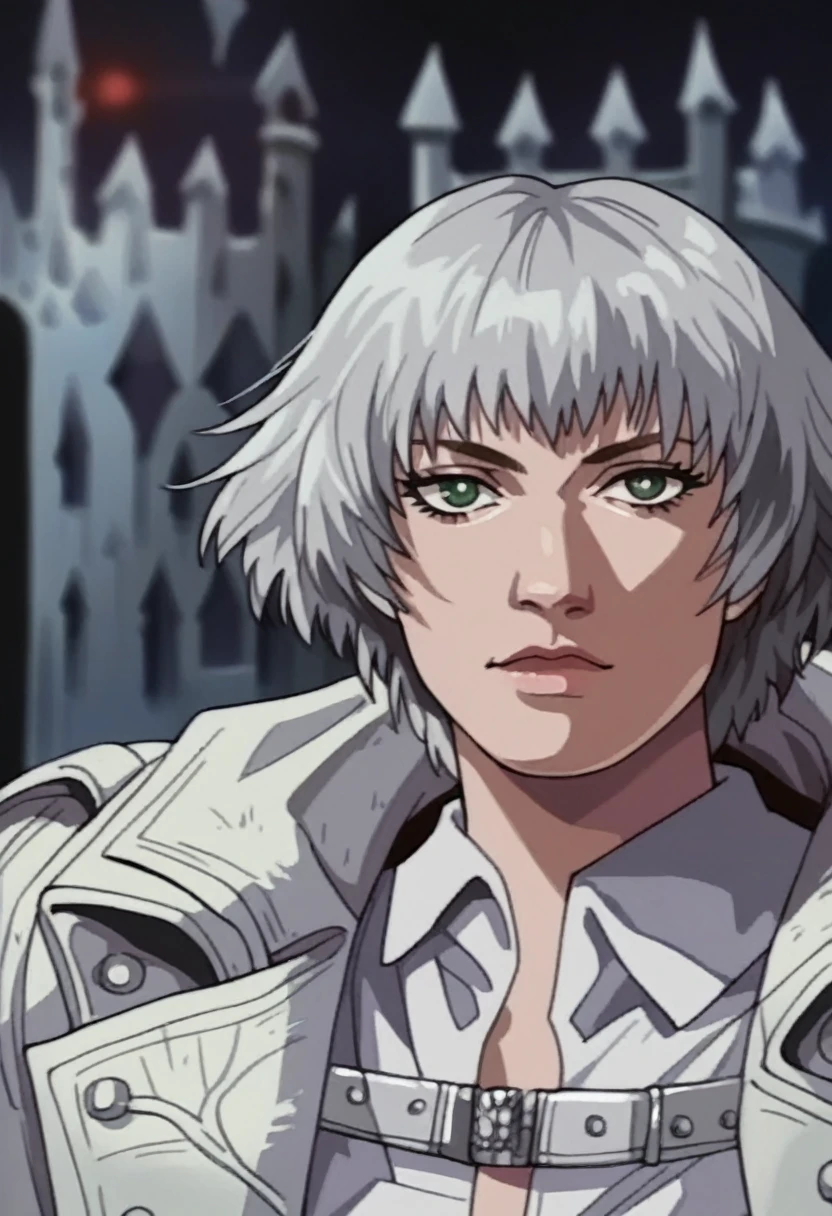 lady (from devil may cry 5:1.1), portrait, detailed face, (white leather overcoat:1.2), black short hair, green eyes, perfect face, close up, portrait, sit in black dark throne, background (dark castle from game of thrones:1.2)