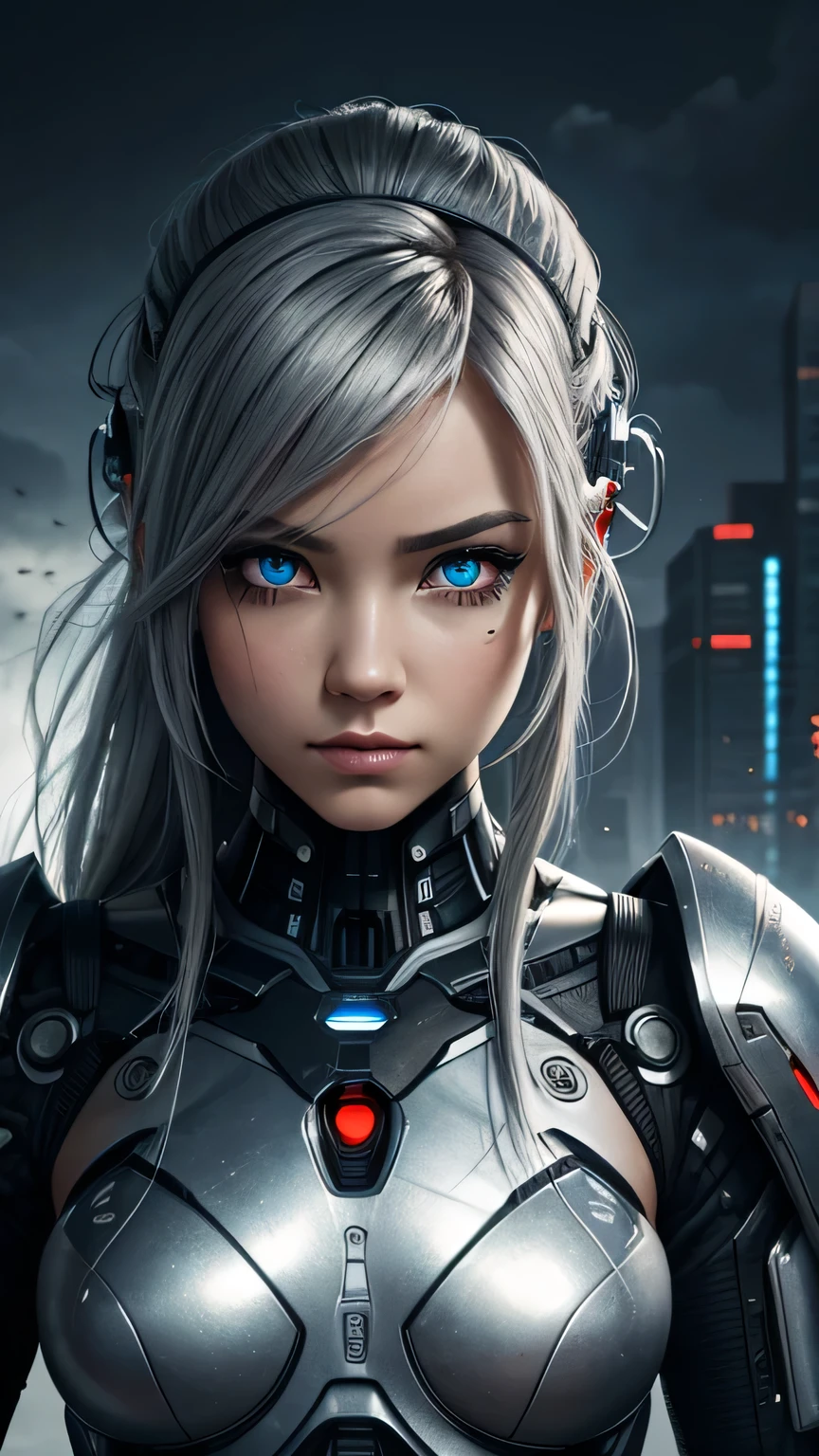 cyborg girl, beautiful eyes, battle field background, grey hair, masterpiece, ultra high details