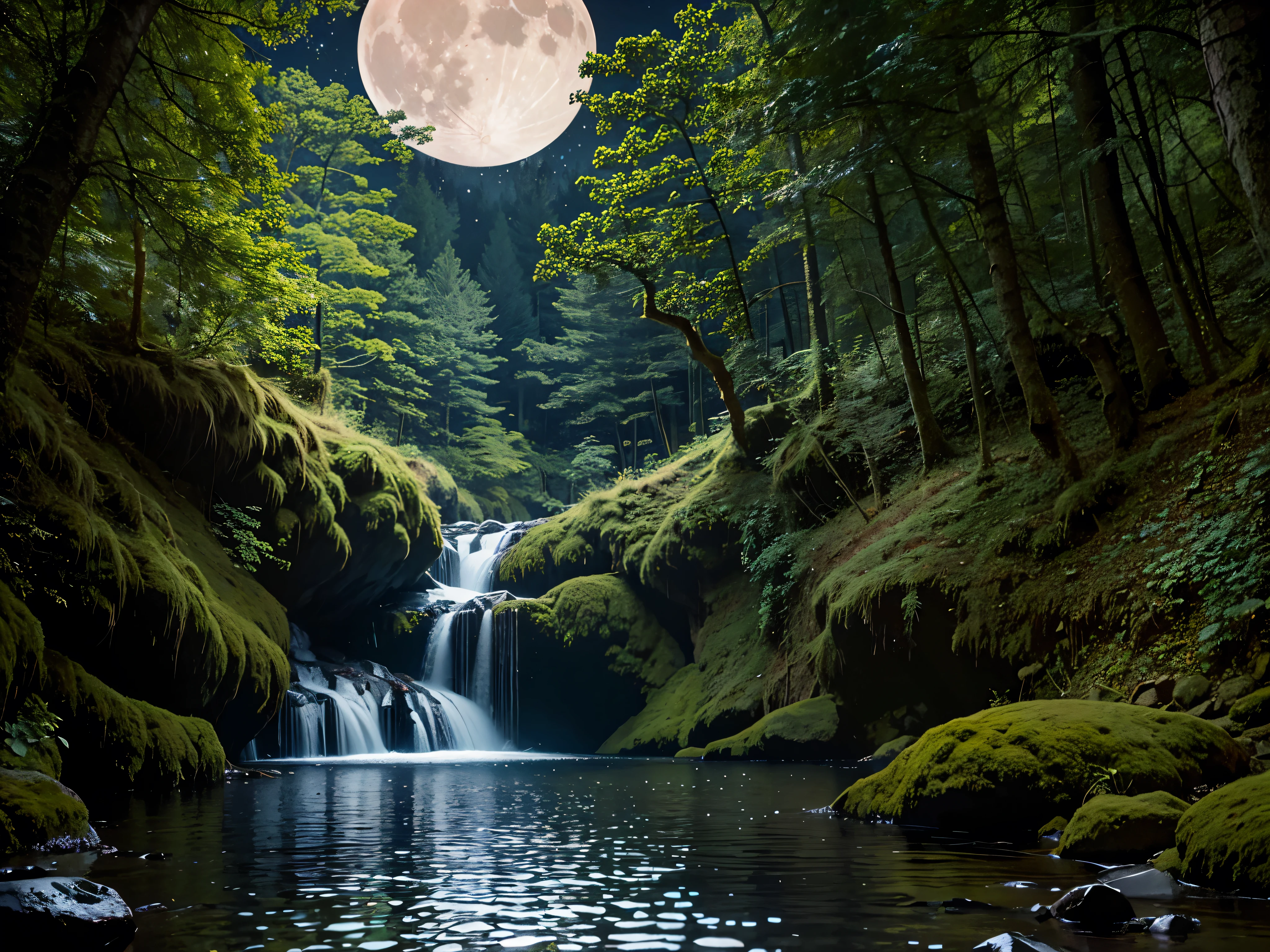 Beautiful forest detailed owl image moonlit night valley waterfall masterpiece detailed moon