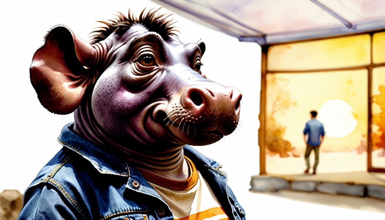 (Photo Film Style)、Hippopotamus painting watercolor、Wearing casual clothes、2d、colorful、Warm atmosphere、Shiny、Jean-Baptiste Monge style, Alan Lee style