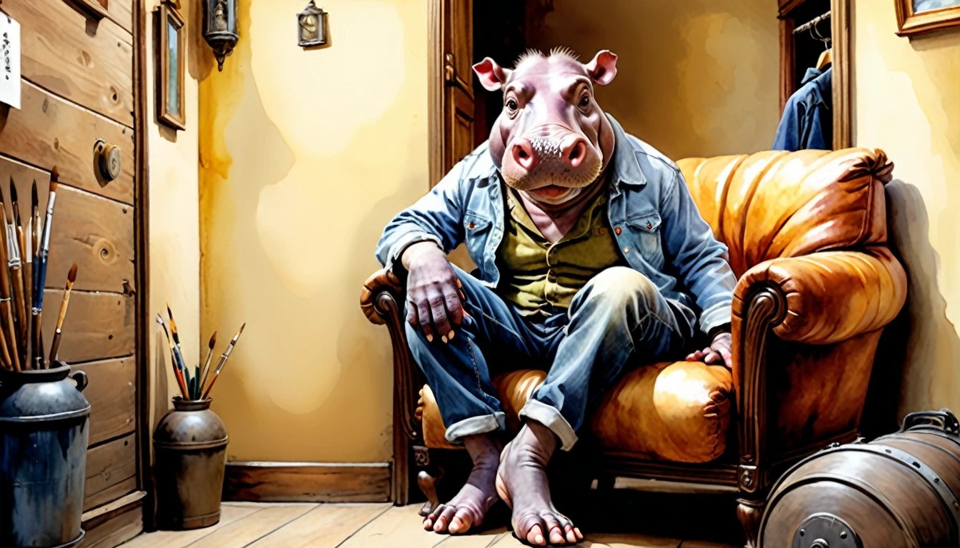 (Photo Film Style)、Hippopotamus painting watercolor、Wearing casual clothes、2d、colorful、Warm atmosphere、Shiny、Jean-Baptiste Monge style, Alan Lee style