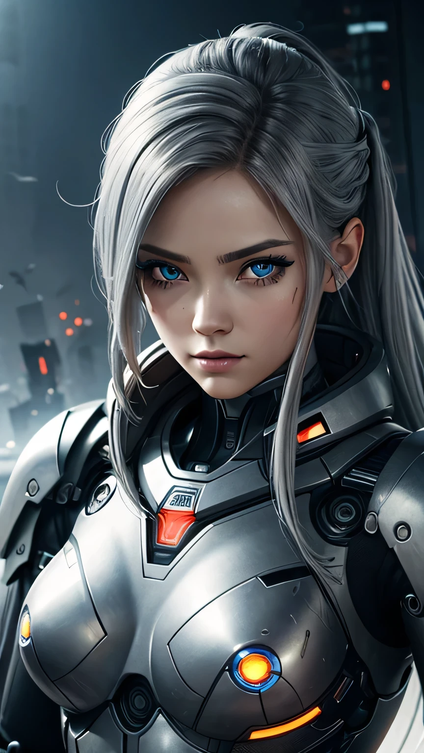 cyborg girl, beautiful eyes, battle field background, grey hair, masterpiece, ultra high details