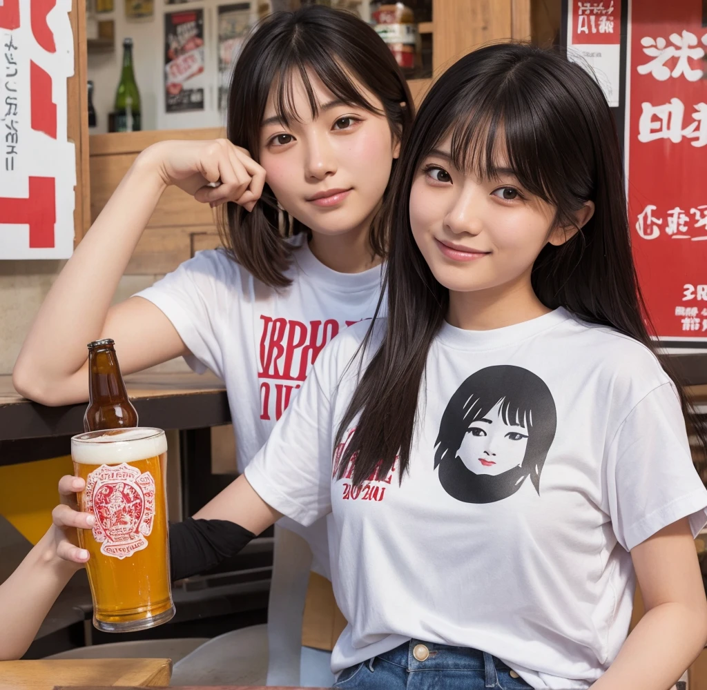 Japanese 20-year-old women　Beer illustration on T-shirt