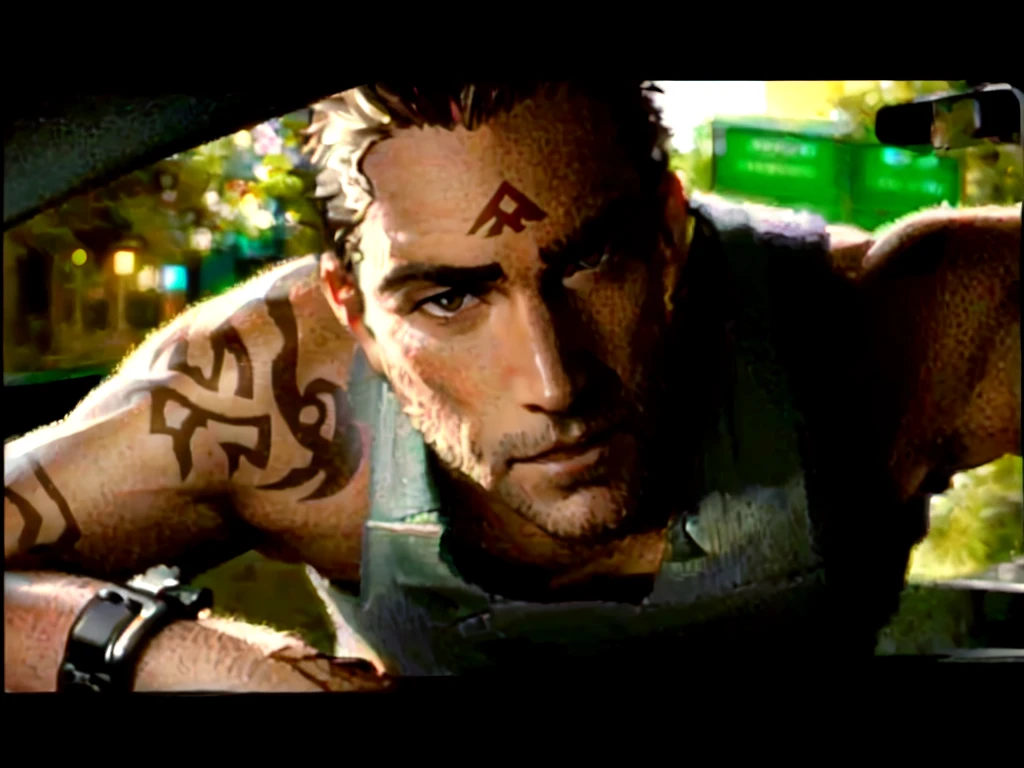 arafed man with tattoos on his arms leaning on a car, derek hamilton, widescreen shot, hd shot, razor callahan in nfs most wanted, derek hamilton, super realistic”, high definition screenshot, full scene shot, hi definition, game screen shot, best scene, captura, high quality screenshot, razor callahan