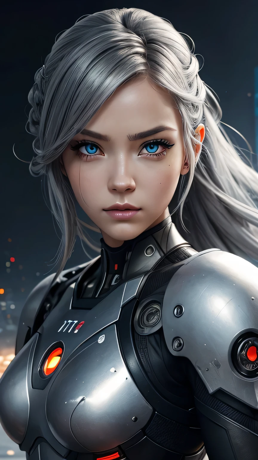 cyborg girl, beautiful eyes, battle field background, grey hair, masterpiece, ultra high details