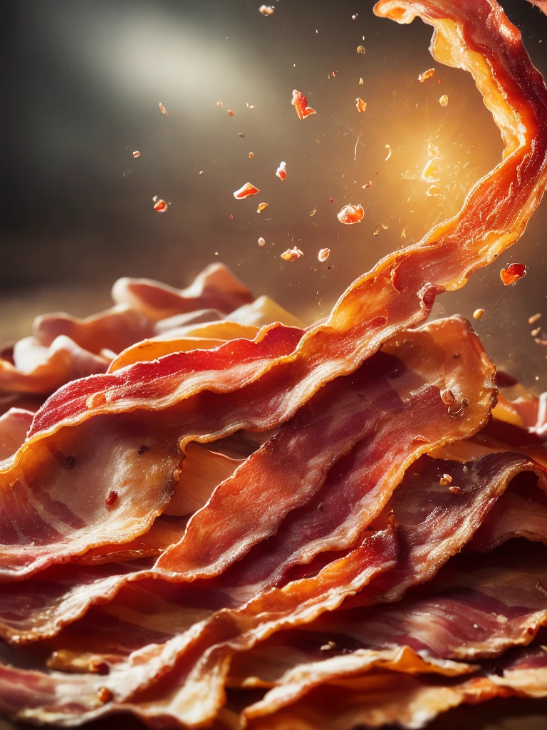 A bacon falling in pieces juicy, tasty, hot, promotional photo, intricate details, hdr, cinematic, adobe lightroom, highly detailed
