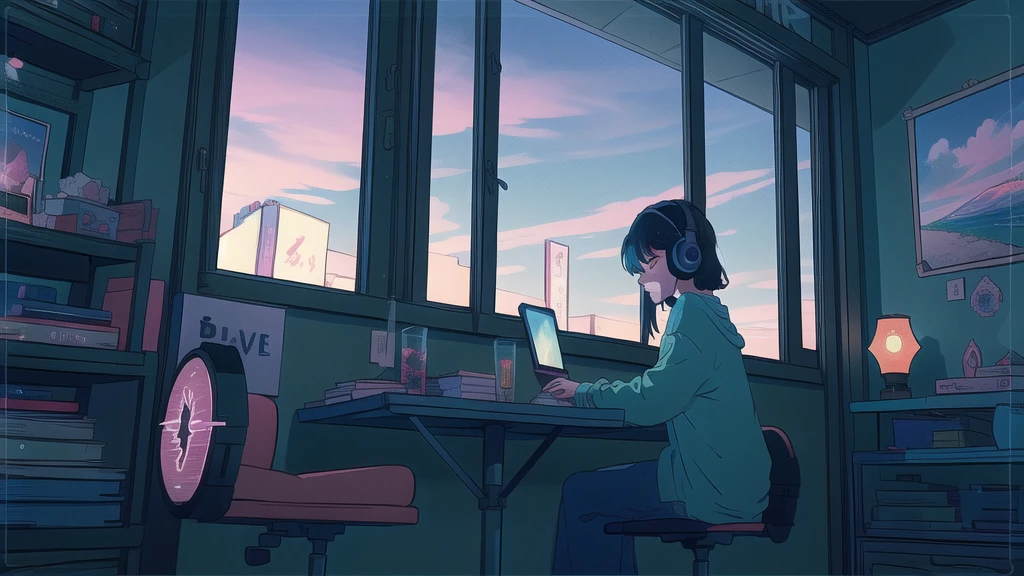 A beautiful anime girl sitting alone at a table, wearing headphones, in a sunset landscape, with a book, lofi girl, lofi art style, lofi sensation, portrait of lofi, lofi colors, lo-fi art, lofi vibes, lofi atmosphere, lofi hip hop, satoshi could have an art style, lofi girl aesthetics, (best quality,4k,8k,highres,masterpiece:1.2),ultra-detailed,(realistic,photorealistic,photo-realistic:1.37),extremely detailed eyes and face,longeyelashes,detailed lighting,detailed colors,detailed textures,detailed background,cinematic lighting,dramatic lighting,warm lighting,soft lighting