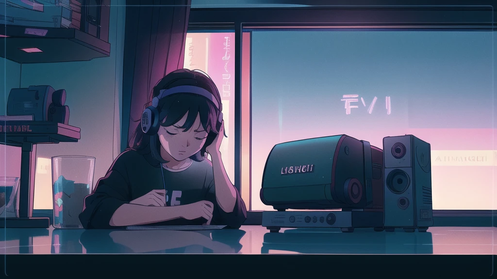A beautiful anime girl sitting alone at a table, wearing headphones, in a sunset landscape, with a book, lofi girl, lofi art style, lofi sensation, portrait of lofi, lofi colors, lo-fi art, lofi vibes, lofi atmosphere, lofi hip hop, satoshi could have an art style, lofi girl aesthetics, (best quality,4k,8k,highres,masterpiece:1.2),ultra-detailed,(realistic,photorealistic,photo-realistic:1.37),extremely detailed eyes and face,longeyelashes,detailed lighting,detailed colors,detailed textures,detailed background,cinematic lighting,dramatic lighting,warm lighting,soft lighting