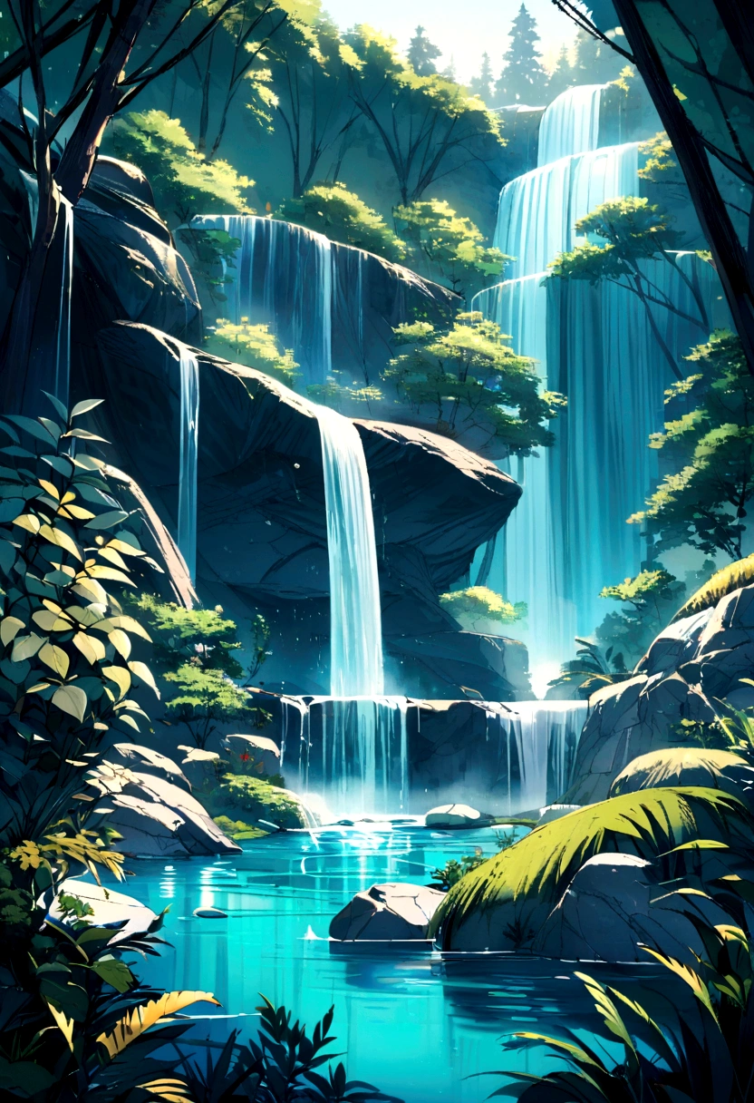 Small single-family duplex house in a Scandinavian nature, body of water and forests, waterfall inside atrium, rocks, natural pond of water