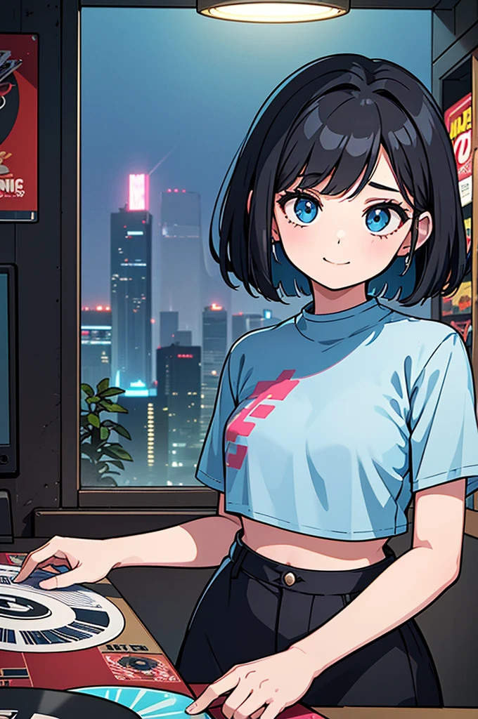 1 girl, solo, blue eyes, (detailed eyes), flat chest, short hair, black hair, upper body, gentle smile on her face, sitting up straight((masterpiece, illustration, best quality) A very detailed beautiful woman, Perfect face,Black Hair, bob cut,Bangs, Gray eyes, Top of crop, Short sleeve, crop top, Super detailed, Retro Wave, Cyberpunk, Sad atmosphere, night light through the window, night vibes, Room, 2d, (long shot), Old comics, (A lot of records:1.3), vinyl plastic record shop, (masterpiece, best quality, best quality, Official Art, beautiful and aesthetic: 1.2), Old anime texture, Solitary, Cyberpunk, vinyl plastic, night