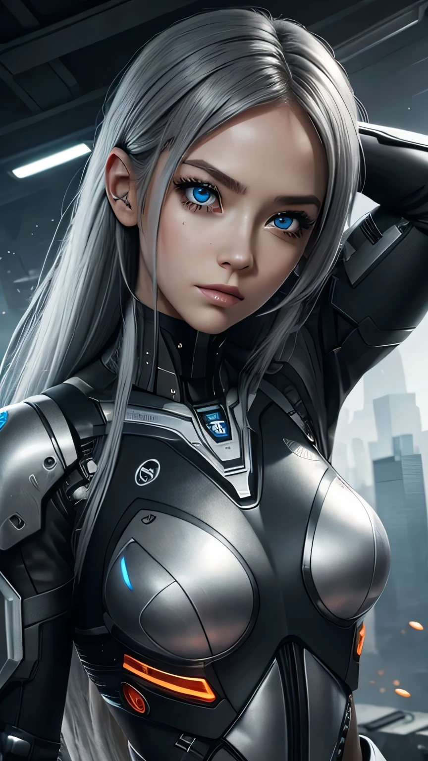 cyborg girl, beautiful eyes, battle field background, grey hair, masterpiece, ultra high details